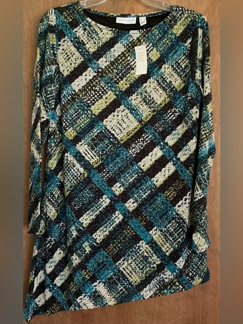 NWT Susan Graver Green Metallic Sparkle Angle Cut Plaid Asymmetrical Top Size S
